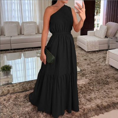 Daniela | 🌸Sommer-Hot Sale 49% OFF🌸Stilvolle Uni-Farben Ein-Schulter-Langes Kleid mit geraffter Taille