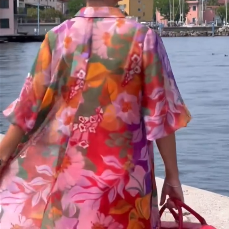 Grace | Rotes Chiffonkleid mit Blumenmuster