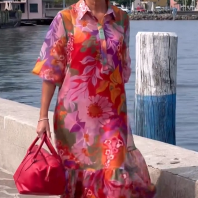 Grace | Rotes Chiffonkleid mit Blumenmuster