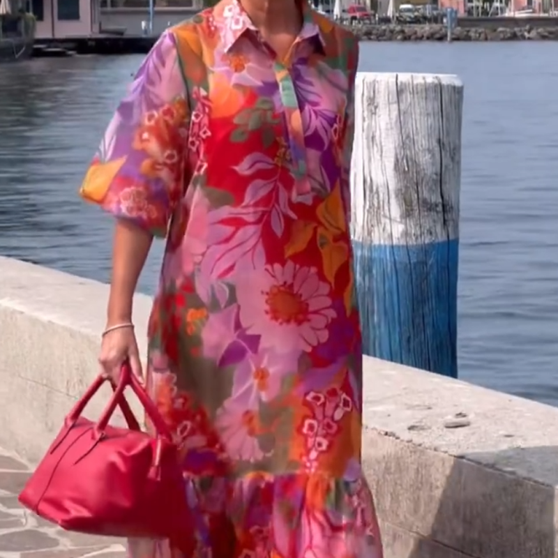 Grace | Rotes Chiffonkleid mit Blumenmuster