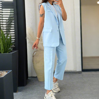 💖Stilvolles Set aus ärmellosem Blazer und hoch taillierter Hose für Damen