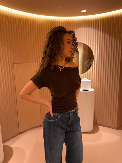 Damen Off-Shoulder Top Stretch Mesh Langarm