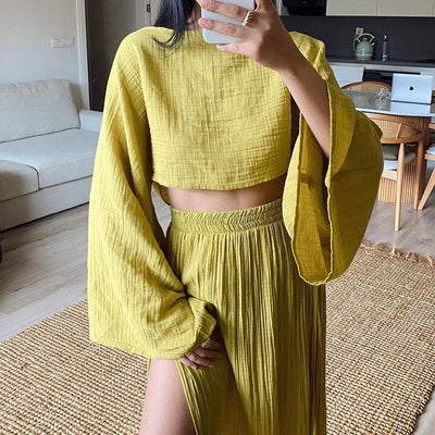 Nicole- Lässige solide Baumwolle Leinen 2 Stück Sets