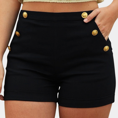Moderne High‑Waist Shorts mit goldenen Knopf‑Akzenten – Premium Damenshorts